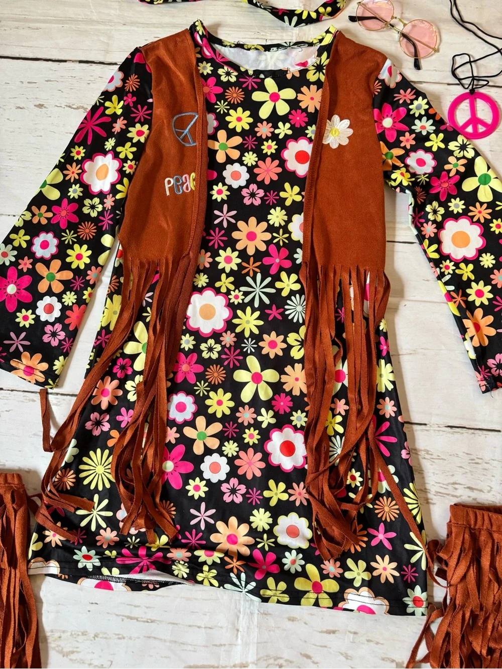 Girls' Black Floral Hippie Costume Dress with Brown Fringe Vest 6 piece VGUC